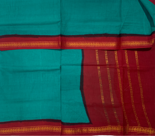 9 yards Cotton Saree Rama Green Colour with Red Border