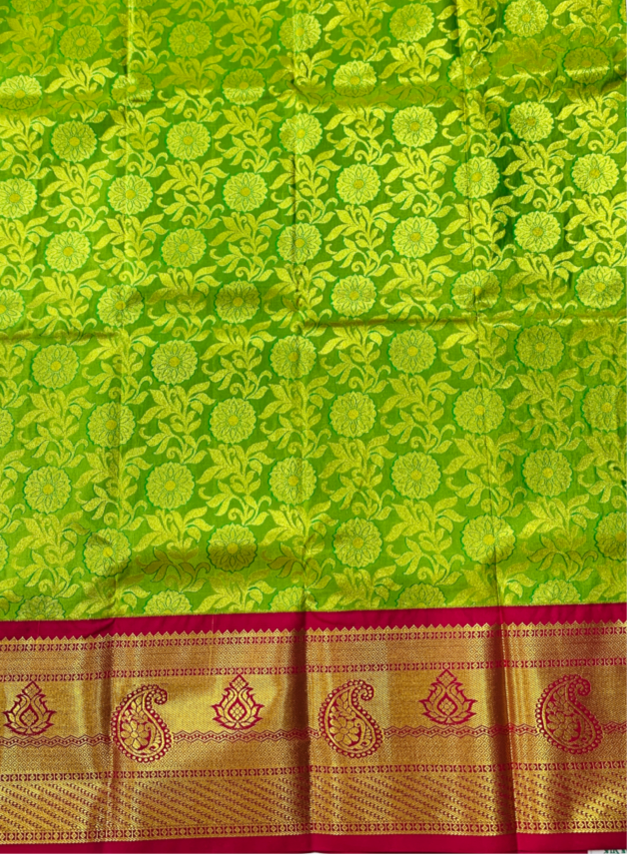 Apple Green shade Vegan Silk Kids Pattu Pavadai with contrast border for age 5 to 10