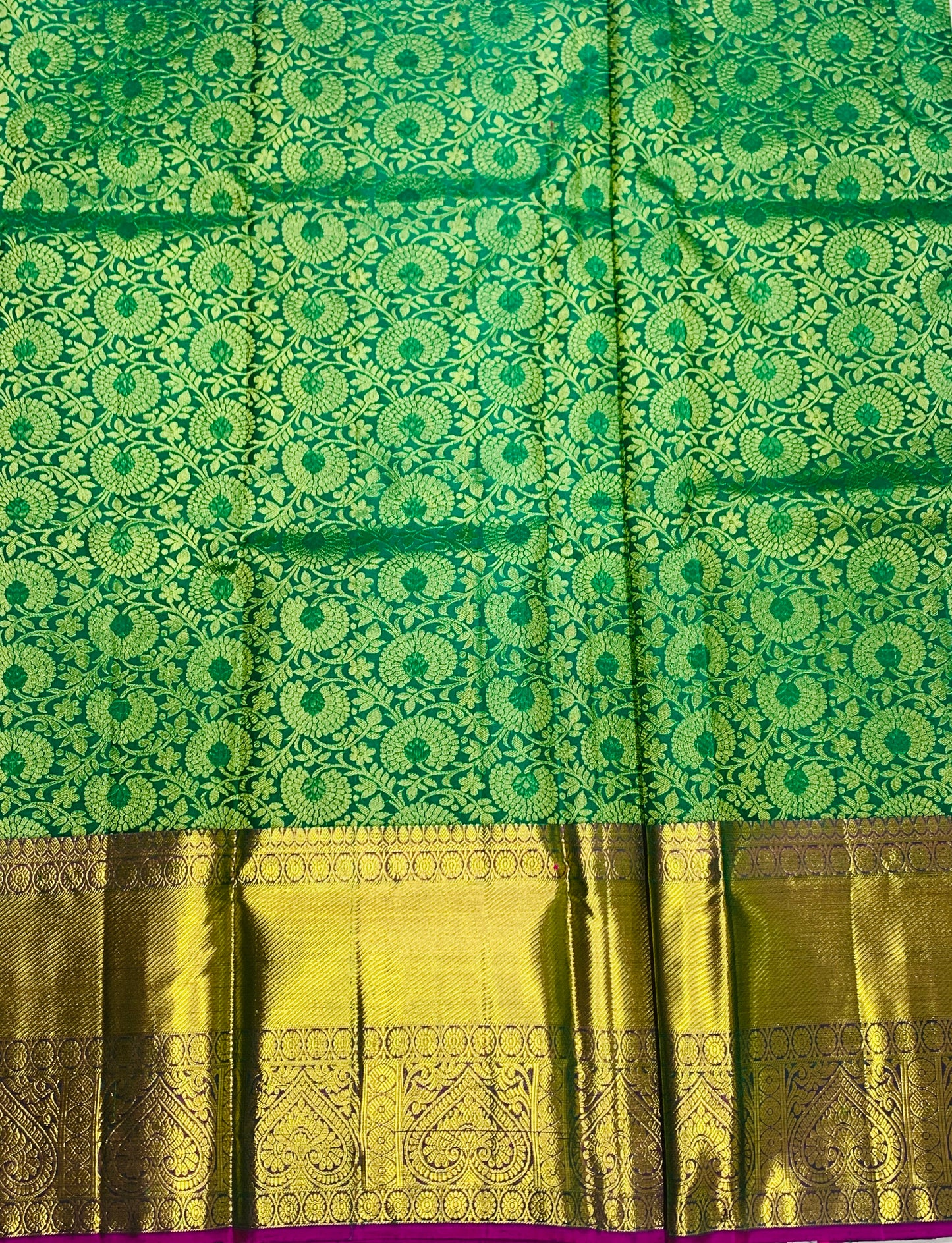 Green shade Pure Kanchipuram Kids Pattu Pavadai with contrast border for age 5 to 10