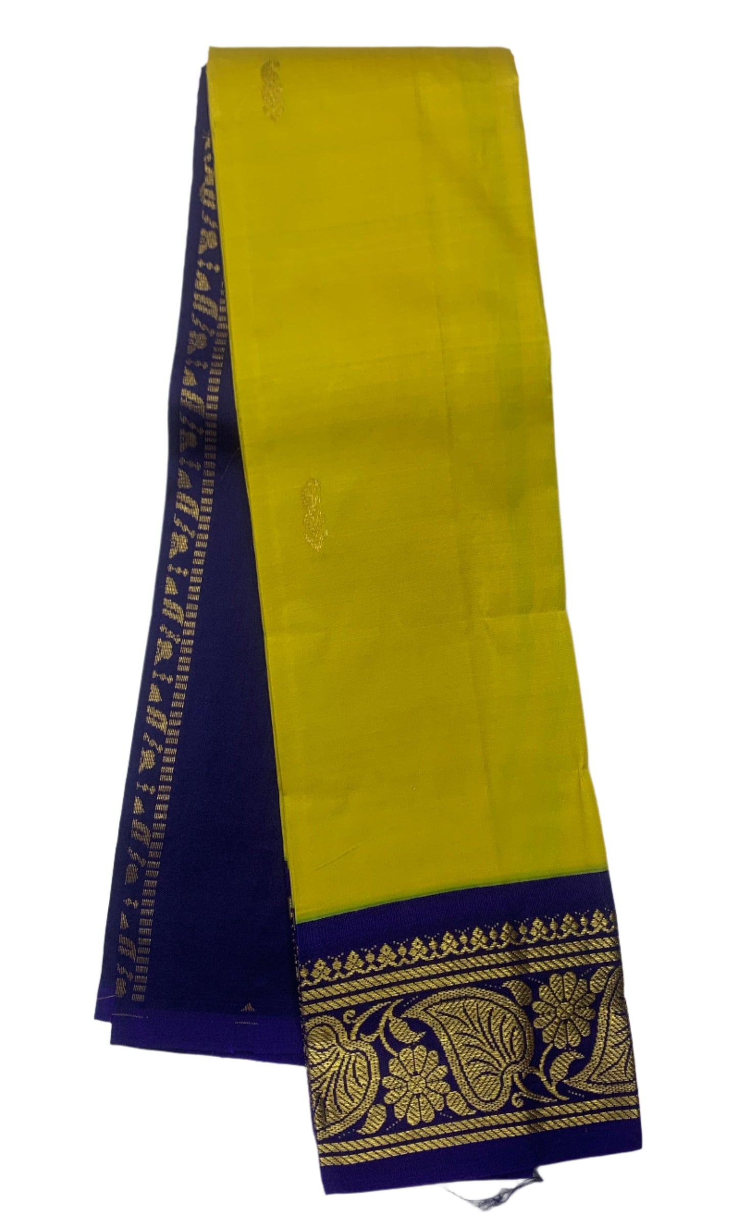 Pure Kanchipuram Silk Saree Yellow Green Colour with Blue Border