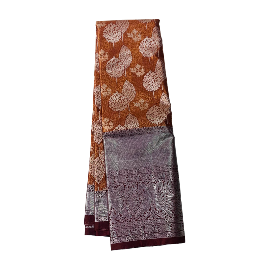 Vegan Silk Saree Chocolate Brown shade with Sliver Border