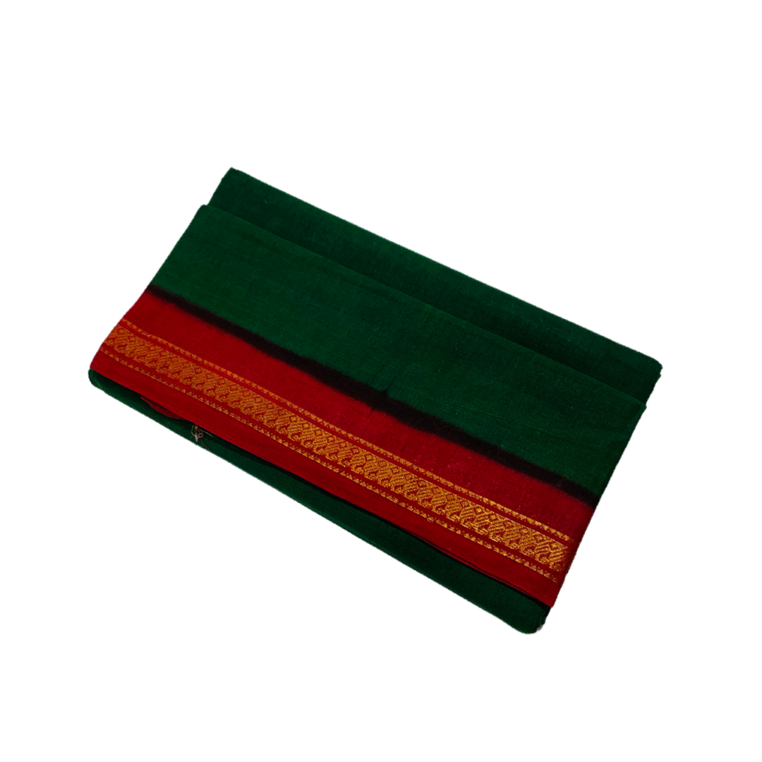 9 yards Cotton Saree Dark Green Colour with Red Border