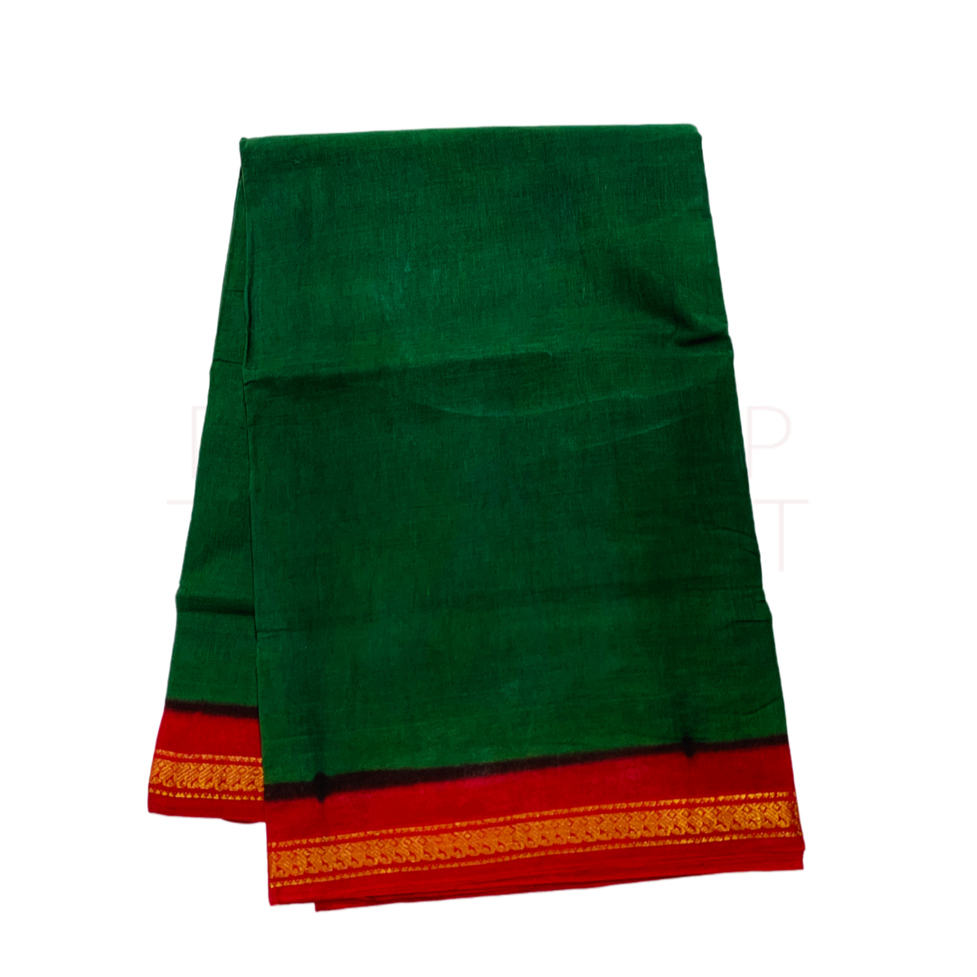 9 yards Cotton Saree Dark Green Colour with Red Border