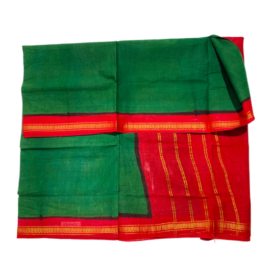 9 yards Cotton Saree Dark Green Colour with Red Border