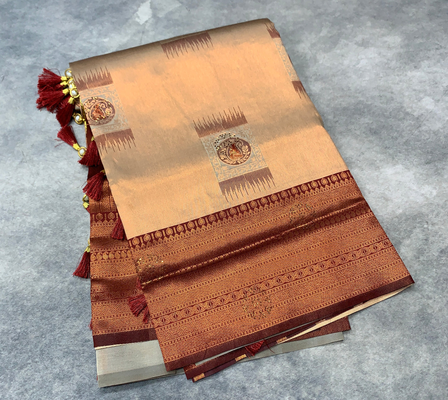 Art Silk Saree Sandal Colour and Stone Work with Maroon Border
