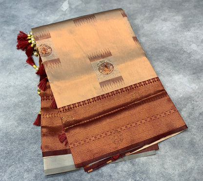 Art Silk Saree Sandal Colour and Stone Work with Maroon Border