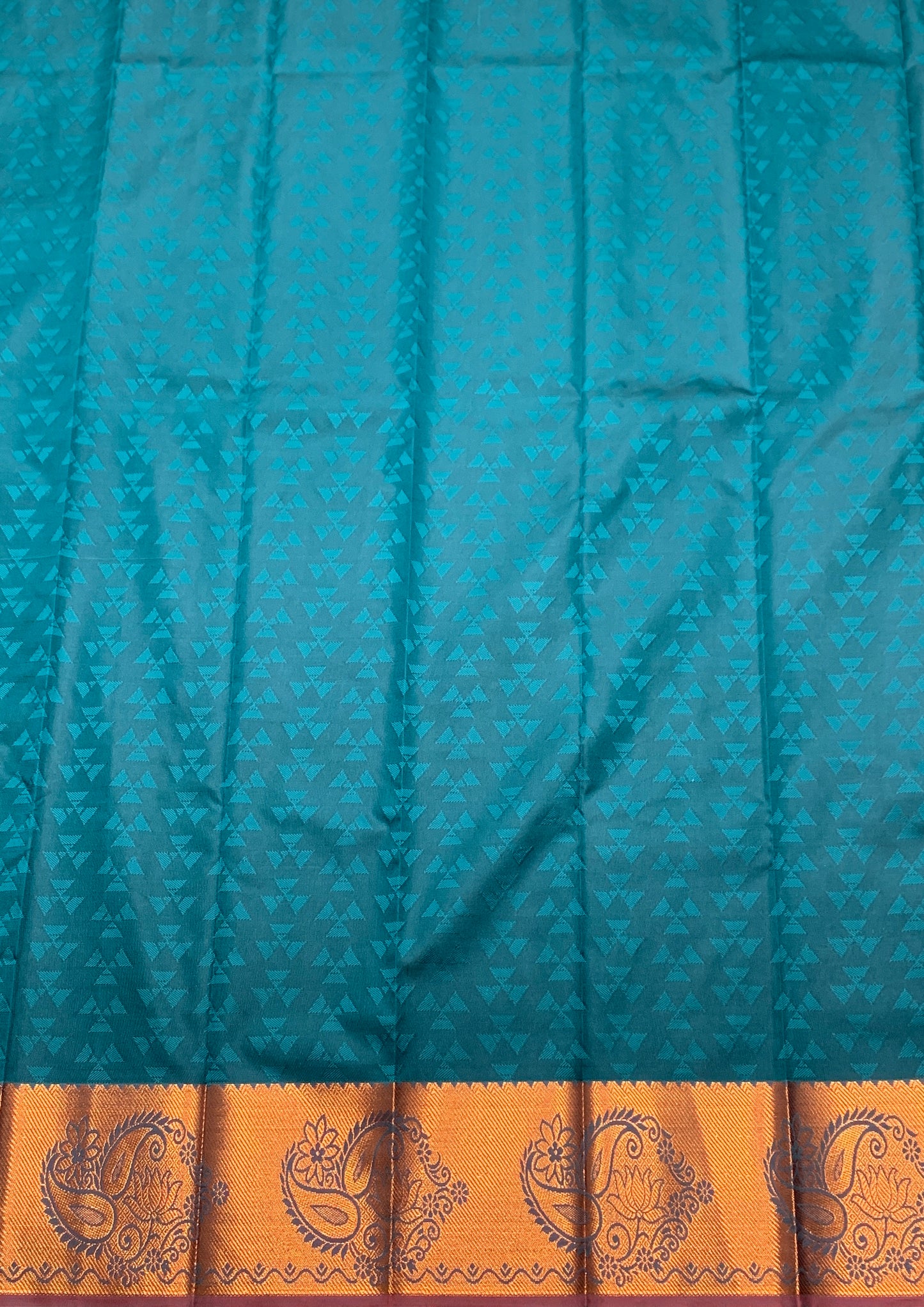 Synthetic Cotton Saree Rama Green Colour with Copper Floral and Mango Design Border
