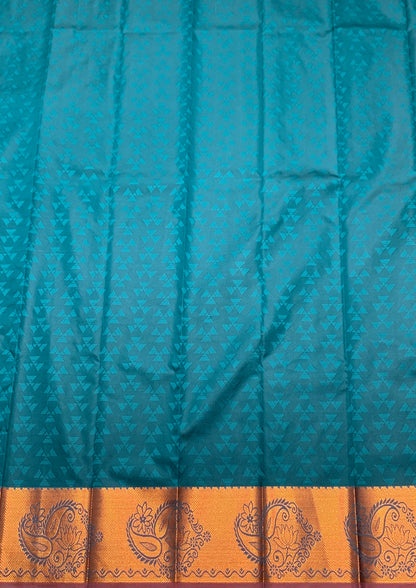 Synthetic Cotton Saree Rama Green Colour with Copper Floral and Mango Design Border