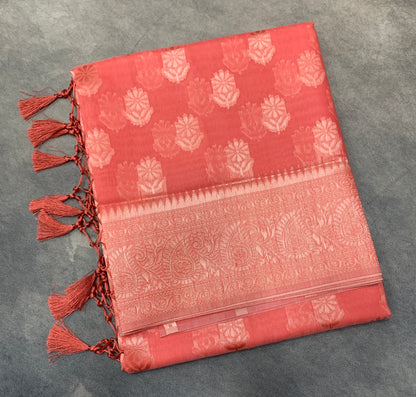 Banaras Katan Saree Tomato Pink Colour with Katan Work Border