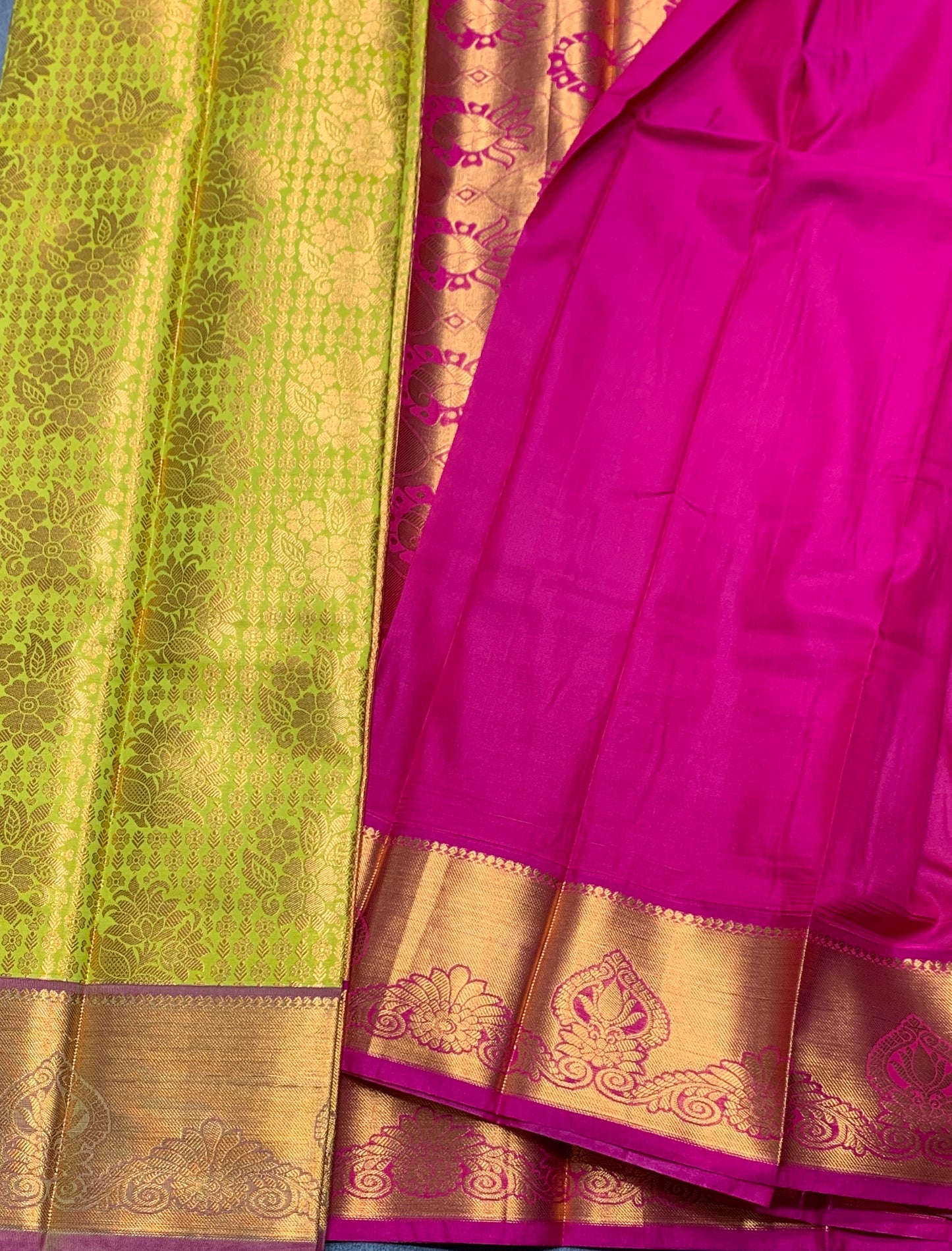 Vegan Silk Saree Lime Green Colour with Pink and Copper Border