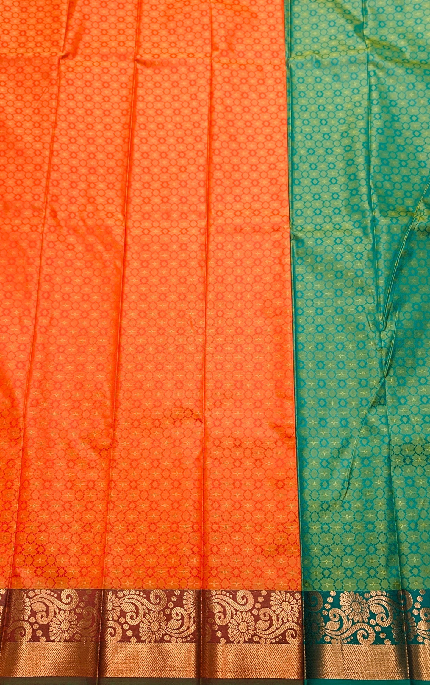 Synthetic Cotton Saree Orange Shade with Copper and Floral Design Border