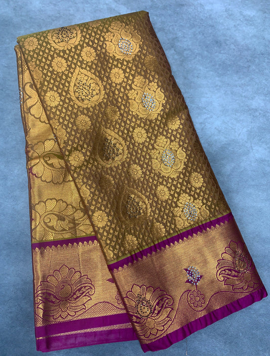 Vegan Silk Saree Mustard Colour with Copper and Pink Border