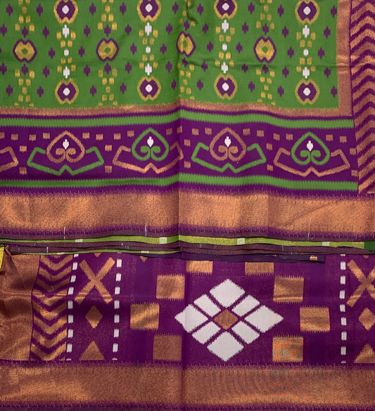 Pochampalli Semi Silk Saree Olive Green Colour with Magenta Border