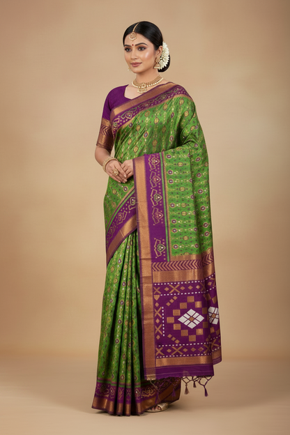 Pochampalli Semi Silk Saree Olive Green Colour with Magenta Border