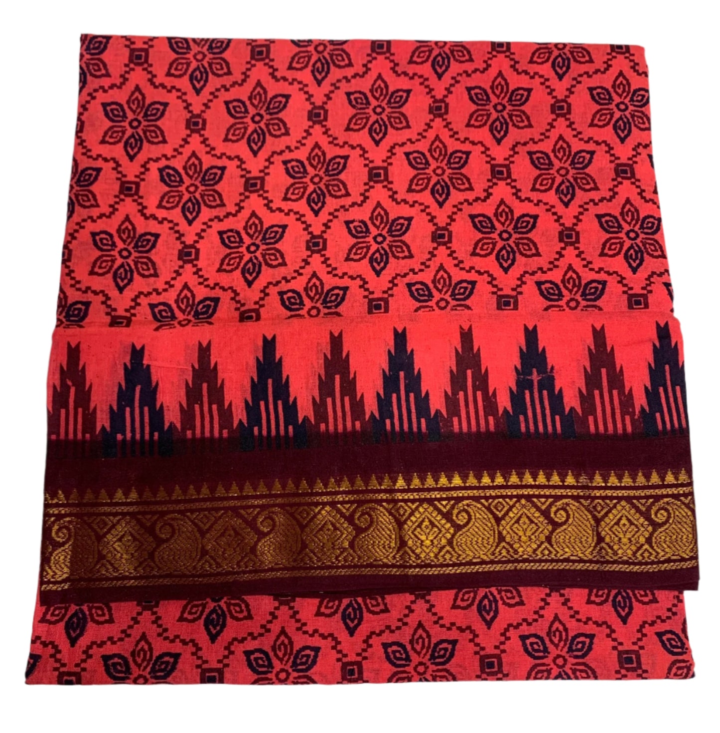 Chettinad Sungudi Cotton Tomato Red Colour with Brown Border