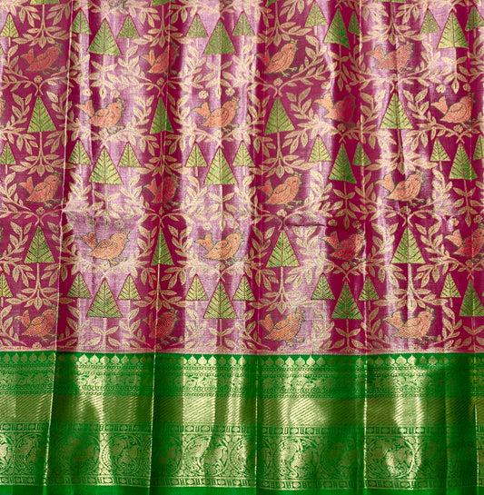 Pink Shade Vegan Silk Kids Pattu Pavadai with Contrast Border for Newborn to 2 Years