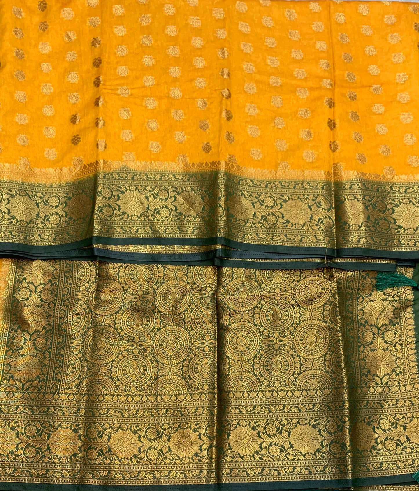 Crepe Saree Mustard Colour with Green Border