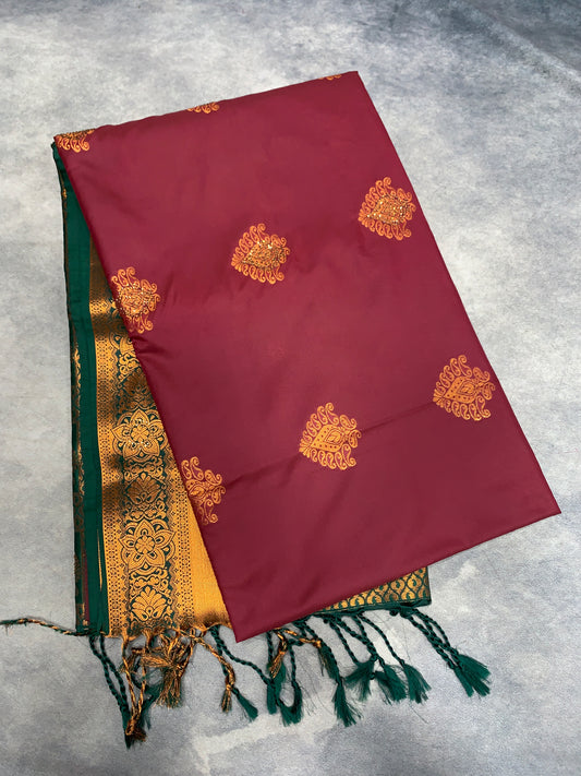 Soft Vegan Silk Saree Maroon Colour with Green and Copper Border