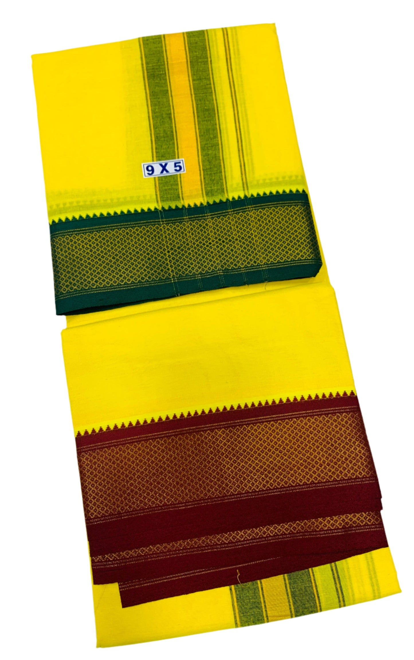 9X5 Cotton Dhoti Yellow Colour with Green and Brown Border