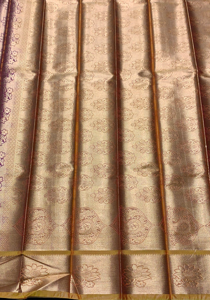 Vegan Silk Saree Maroon Colour with Copper and Golden Border