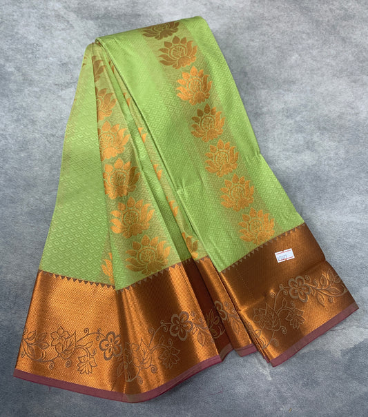 Vegan Silk Saree Apple Green Colour Saree with Copper Border