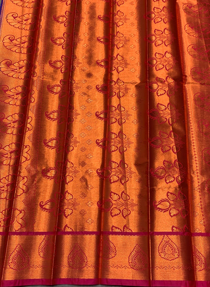 Vegan Silk Saree Blue Colour with Pink and Copper Border