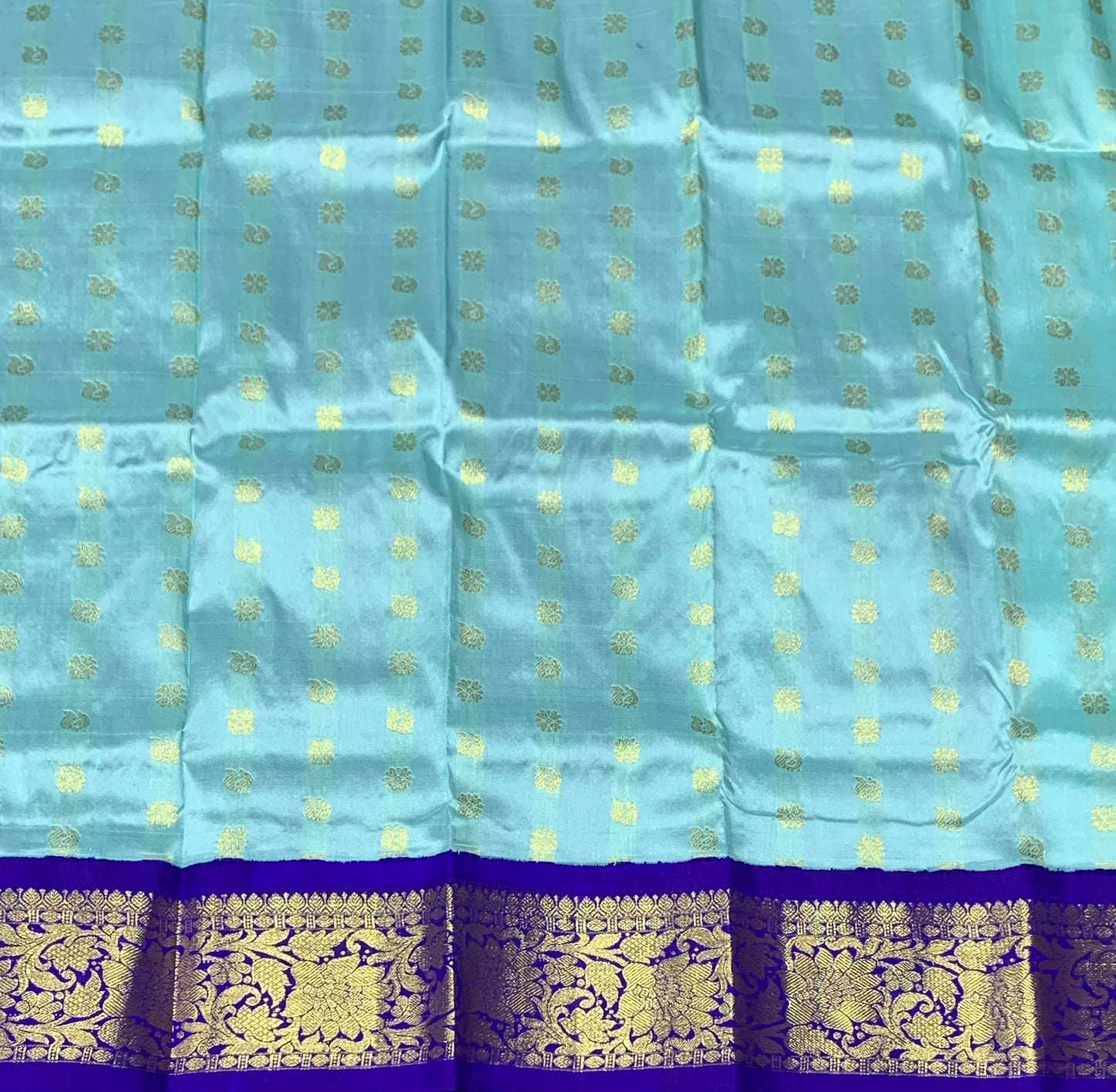 Sky Blue Shade Pure kanchipuram Kids Pattu Pavadai with Contrast Border for Newborn to 2 Years