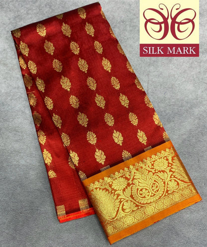 Maroon Shade Pure Kanchipuram Kids Pattu Pavadai with Contrast Border for Newborn to 2 Years