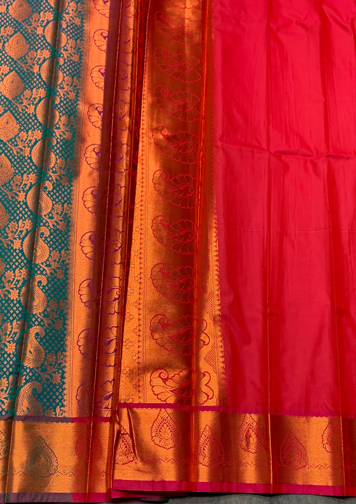 Vegan Silk Saree Peacock Green Colour with Pink and Copper Border