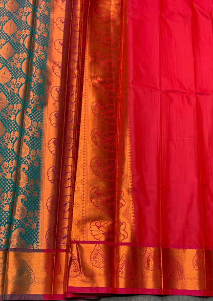 Vegan Silk Saree Peacock Green Colour with Pink and Copper Border
