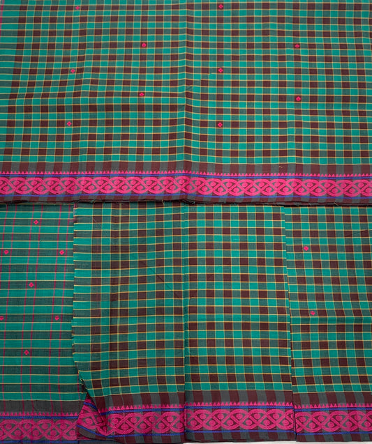 Chettinad Cotton Saree Green Shade with Pink Border