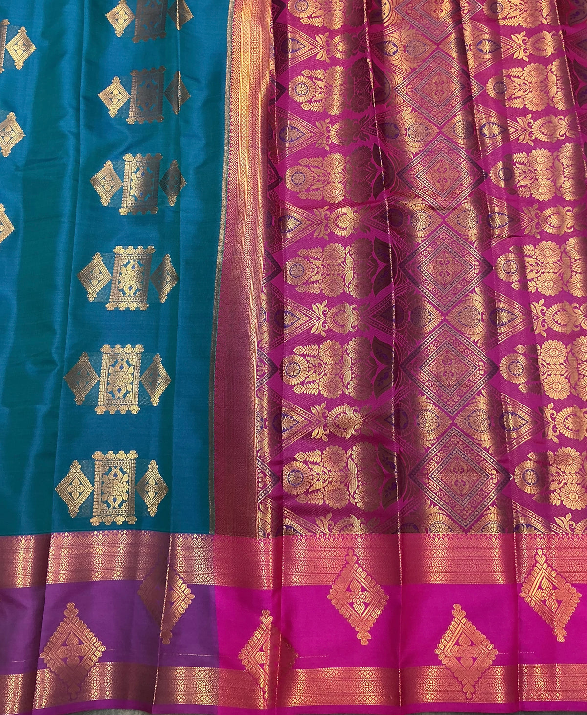Soft Silk Casual Saree Peacock Green with Rettai Pettu Magenta Colour Border