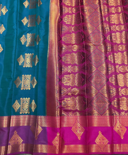 Soft Silk Casual Saree Peacock Green with Rettai Pettu Magenta Colour Border