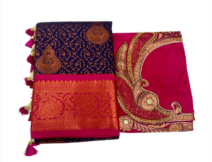 Bridal Vegan Silk Saree Navy Blue shade with Pink Border with Unstitched blouse in Aari work