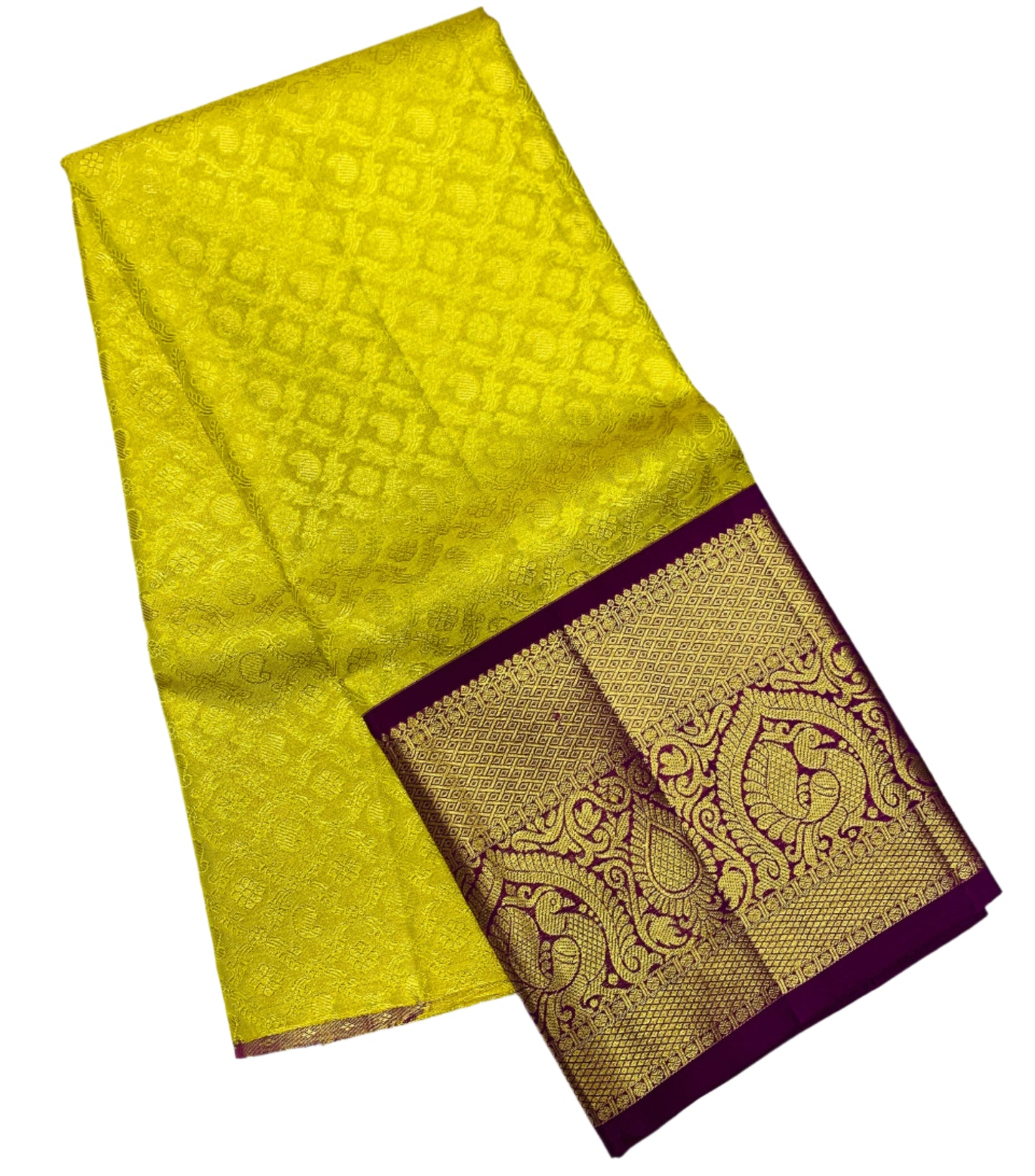 Yellow Shade Pure Kanchipuram Kids Pattu Pavadai with Contrast Border for age 5 to 10