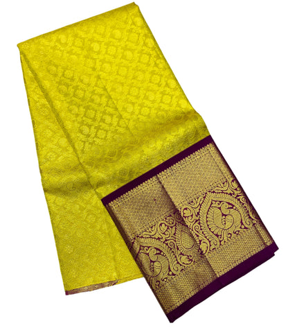 Yellow Shade Pure Kanchipuram Kids Pattu Pavadai with Contrast Border for age 5 to 10
