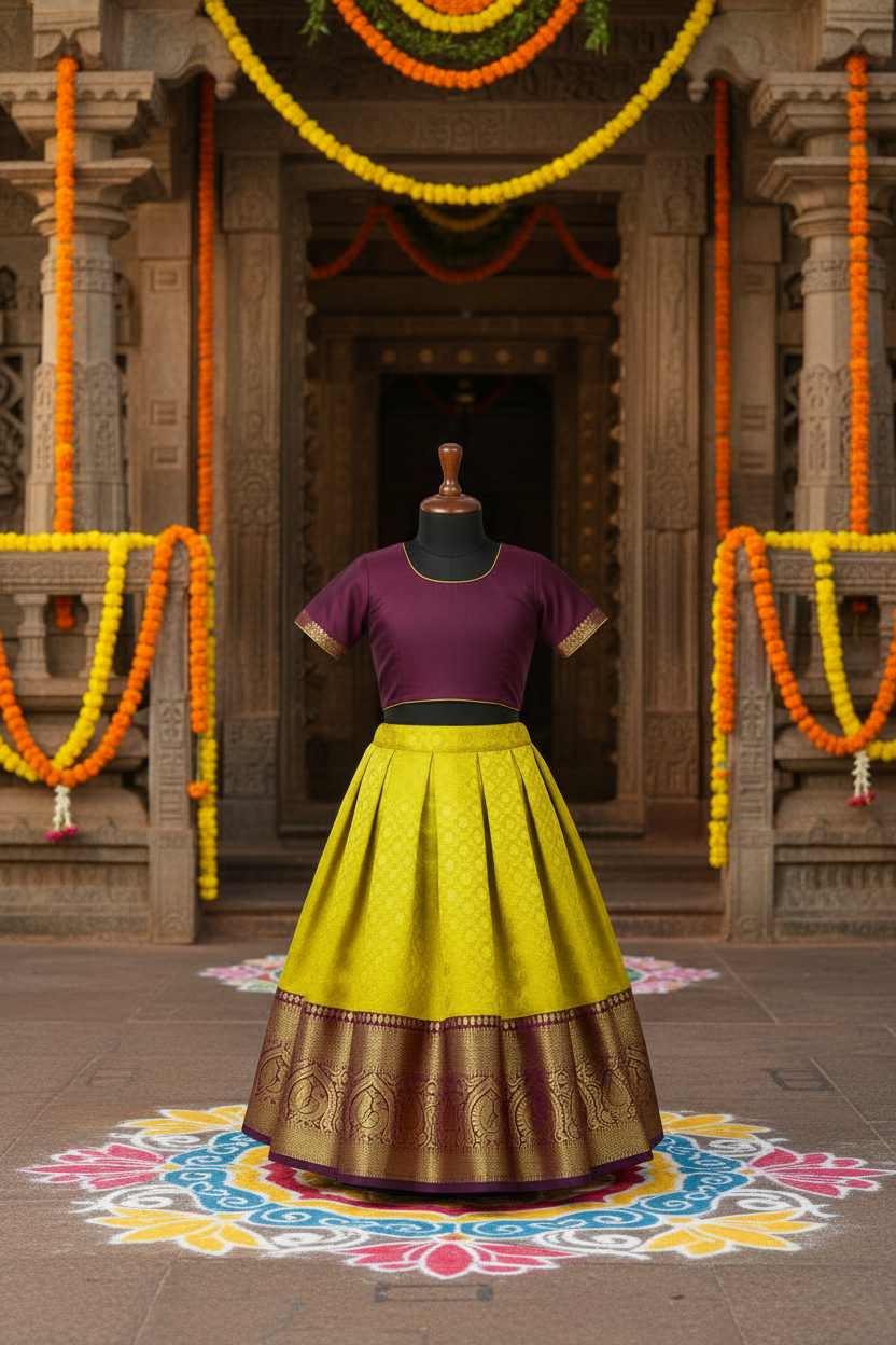 Yellow Shade Pure Kanchipuram Kids Pattu Pavadai with Contrast Border for age 5 to 10
