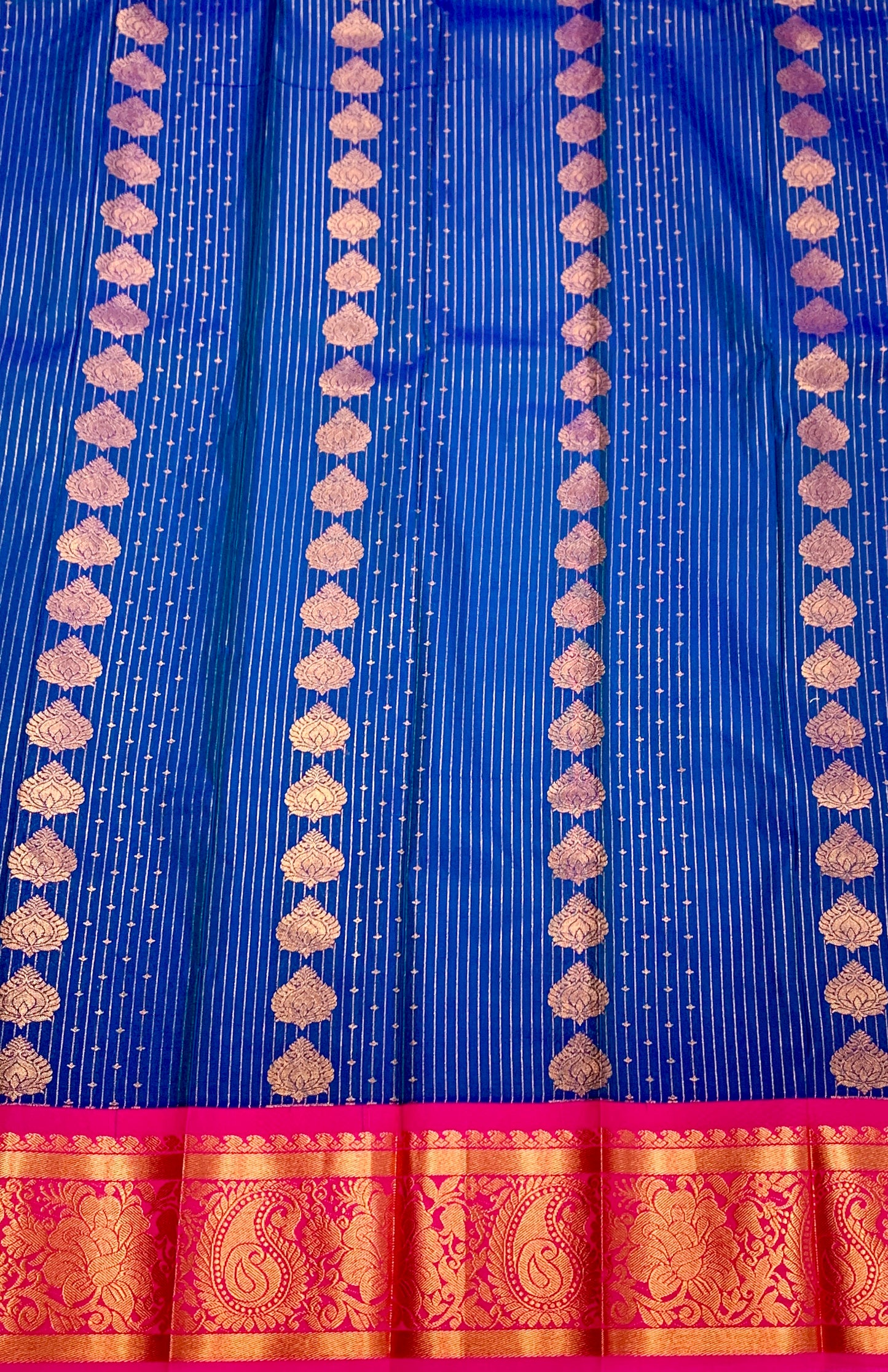 Vegan Silk Saree Blue with Pink Border with Mango and Floran Design