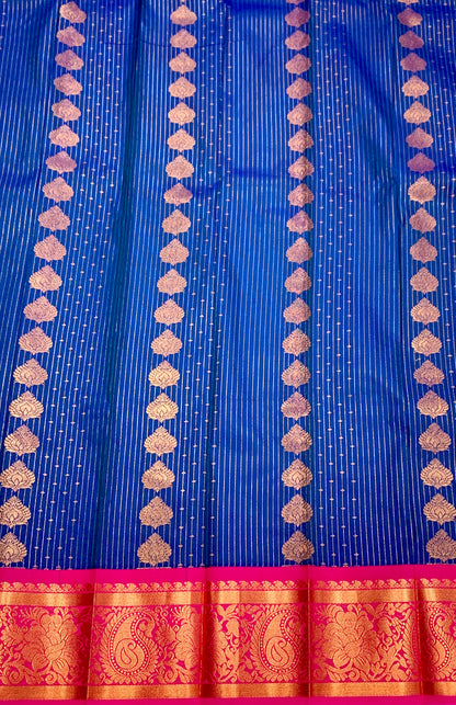 Vegan Silk Saree Blue with Pink Border with Mango and Floran Design