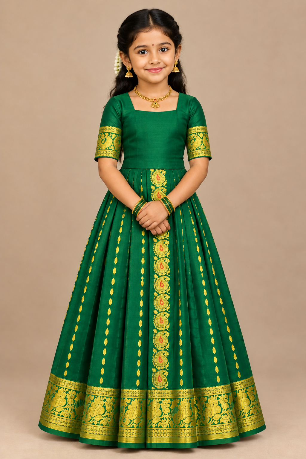 Light Green shade Semi Silk Kids Pattu Pavadai with Contrast border for age above 10 years