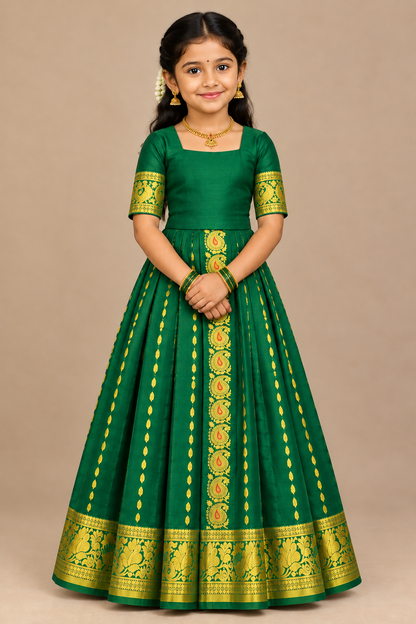 Light Green shade Semi Silk Kids Pattu Pavadai with Contrast border for age above 10 years