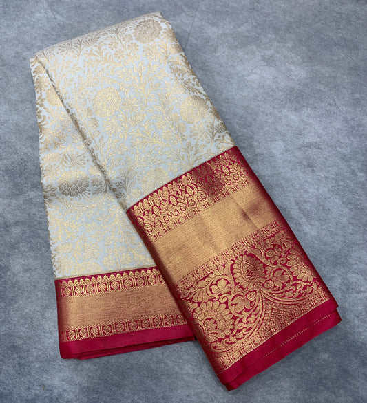 Vegan Silk Saree Ivory Colour with Pinkish Red Border