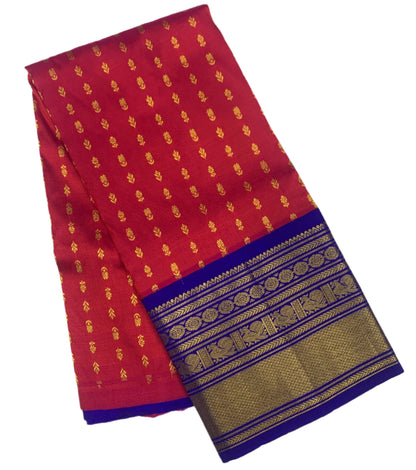 Red shade Pure Kanchipuram Kids Pattu Pavadai with Contrast border for age 2 to 5