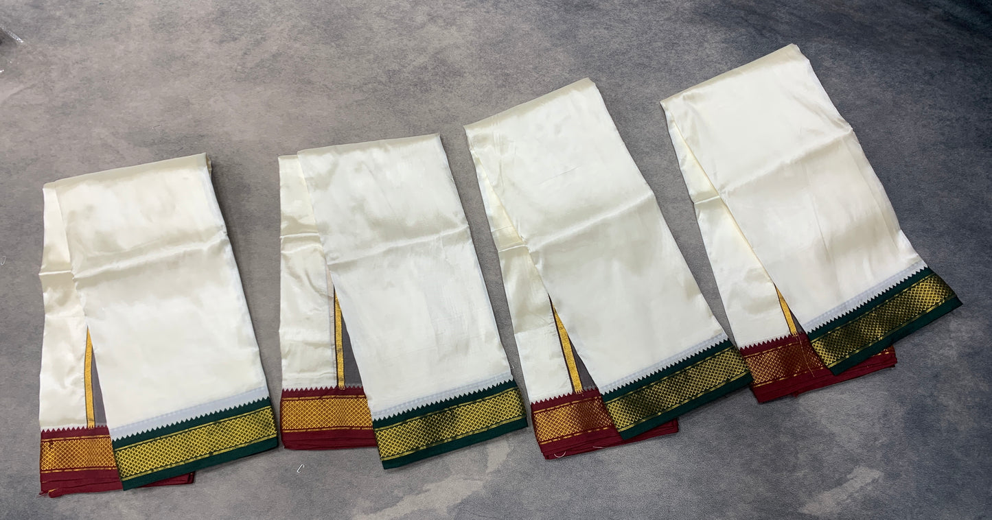 Art Silk Pooja Towel Cream with Small Ganga Jamuna(Green/ Maroon) Border - Pack of 4
