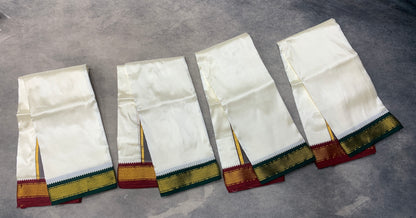 Art Silk Pooja Towel Cream with Small Ganga Jamuna(Green/ Maroon) Border - Pack of 4