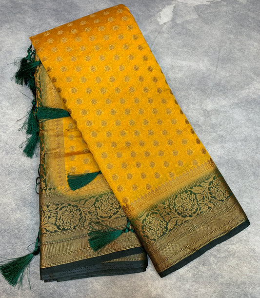 Crepe Saree Mustard Colour with Green Border