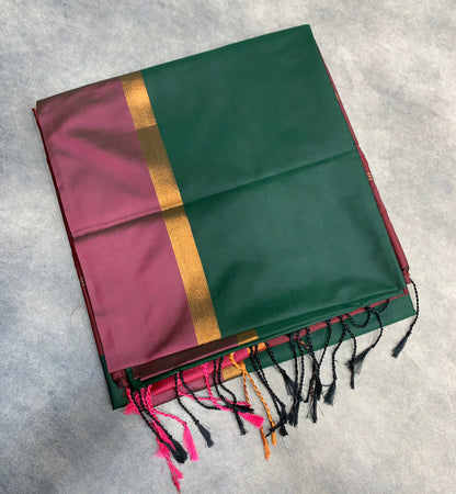 Art Silk Saree Green Colour with Magenta and Copper Border