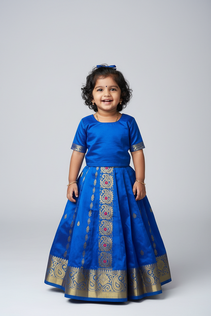 Sky Blue Shade Semi silk Kids Pattu Pavadai with Contrast border for age 5 to 10