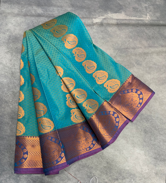 Vegan Silk Saree Sapphire Colour Saree with Copper and Maroon Border