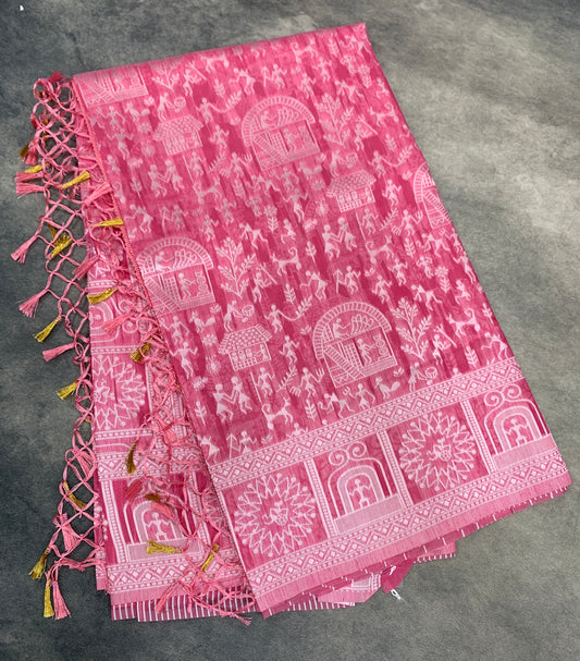 Banaras Katan Saree Pink Colour with Katan Work Border